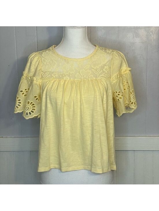 Thread & Clover Tops - Cottage core top, yellow peasant blouse, lace, ruffles